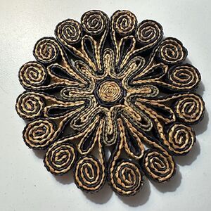 Vintage Woven Rattan Trivet  Hot Pad Black Beige Kitchen Decor Boho Straw